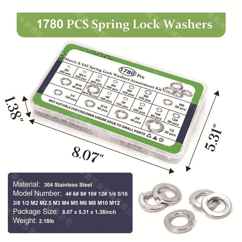 550-1780pcs Metric & Imperial Spring Lock Washers Set, M2-M12, 4#-1/2, Boxed
