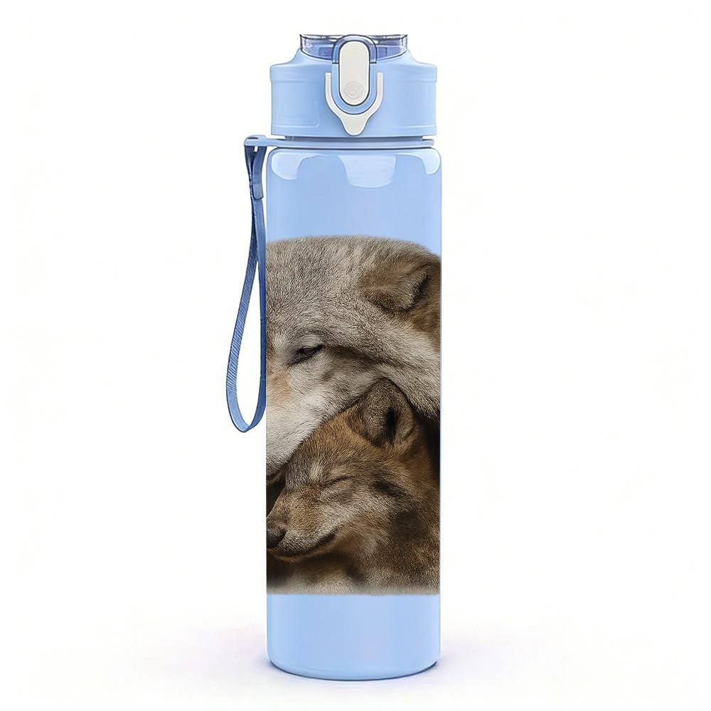 1PC Grey Wolf Head Portrait 750ml Color Plastic Sports Water Bottle Leakproof Flip Straw Lid Suitable for Sports Office Home Use
