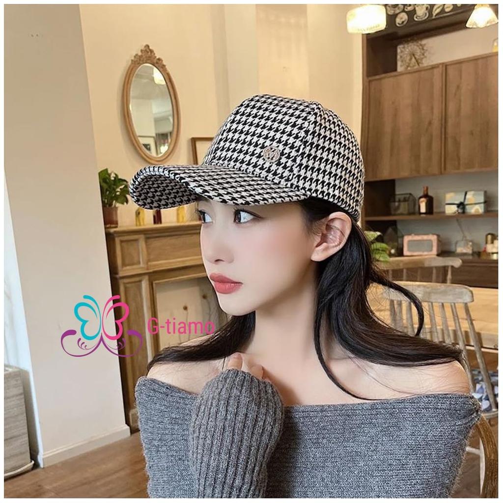 Checkered Cap for Adjustable Houndstooth Black and UV Sun Checkered Korean Style [G-tiamo] Women, One-Point Design, Strap, Pattern, Autumn/Winter,
