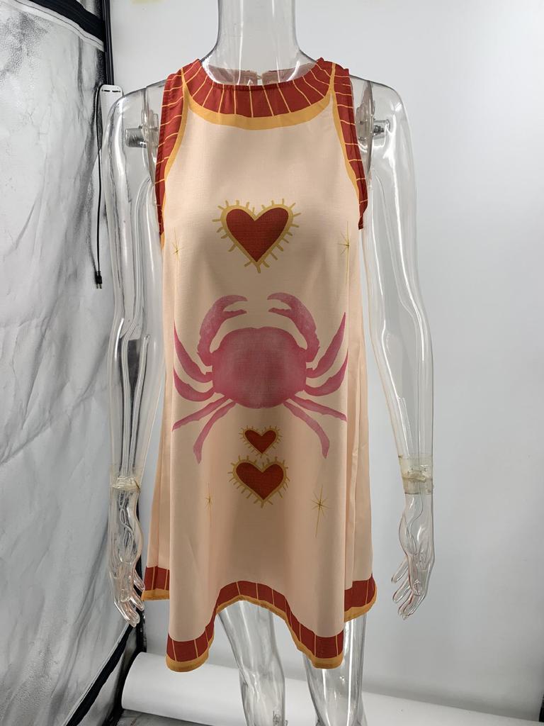 2025 European & American Printed Linen Sleeveless Mini Dress for Women