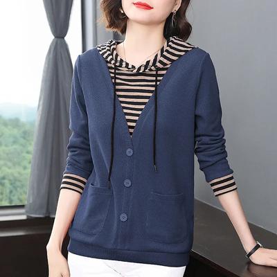 Hooded Sweater Women's Fall and Winter False Two Pieces Striped Long-sleeved T-shirt Big Yards Bottoming Shirt Casual Pullover Tops