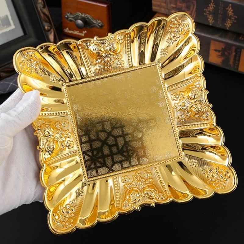 European Fruit Plate, Metal Square Relief Pattern Platter, Golden Retro Large Small Snack Disc, Home Living Room Decoration,1pcs