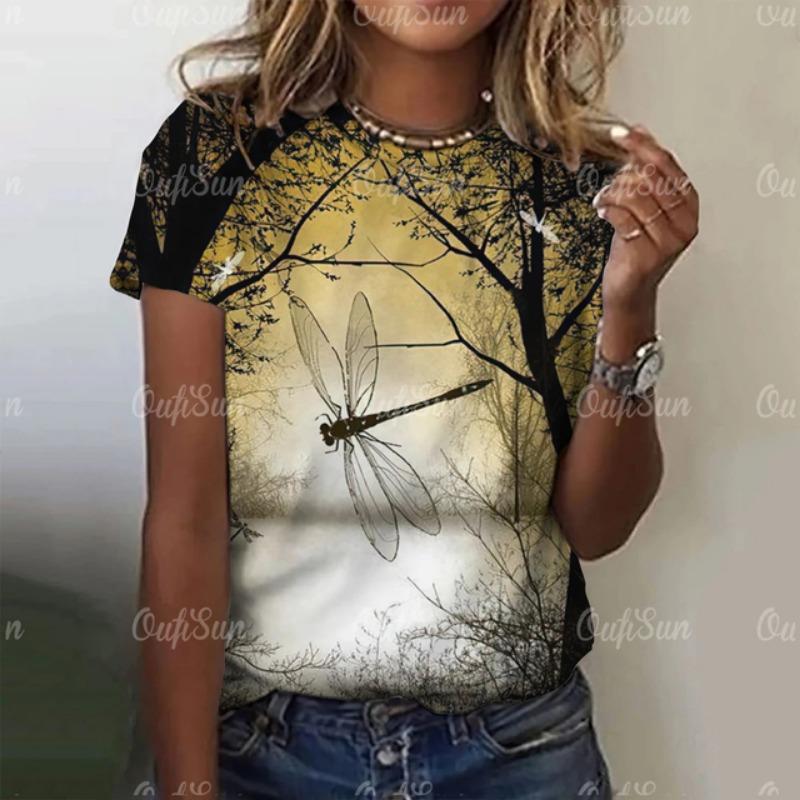 2024 Fashion Women's Short Sleeve Women's T-Shirt Dragonfly Print Fashion T-Shirt for Women Basic Casual Women's Oversized Top