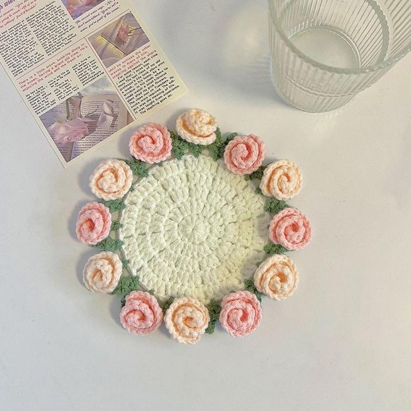 Rose Bouquet Coaster Crochet Flower Placemat Hand Woven Bouquet Cupmat Home Desktop Potted Plant Ornaments Mother'S Day Gift