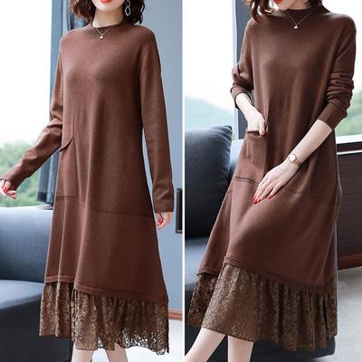 Dress Women's Autumn and Winter Lace Comfortable Stretchy Mid-Length Sweater Dress Knitted Long Sleeve Dresses