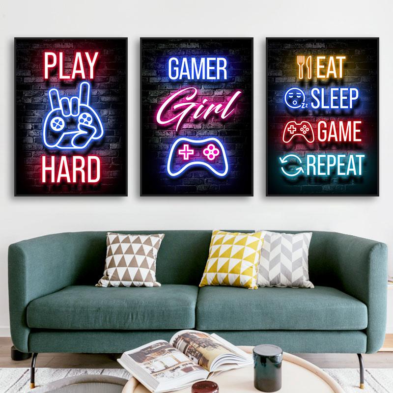 Neon Gaming Gamer Wandkunst Poster Drucke Gamer Leinwandmalerei Leinwandbild für Kinder Jungenzimmer Dekoration Spielzimmer Cuadros