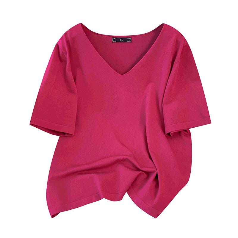 

Fashion Plus Size Ladies Plus Size Women s Clothing 120.00kg Deep V Neck Fancy Summer Clothing Loose Knitwear Ice Silk Short Sleeve T-shirt Rose Red XL