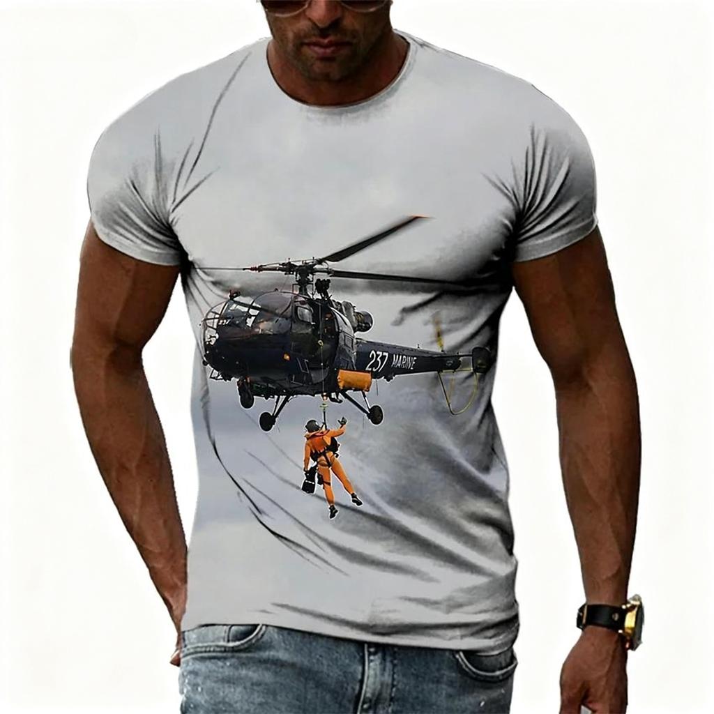 Summer Round Neck 3D Helicopter Pattern Print Top Fashionable Casual Short Sleeved Men's T-shirts