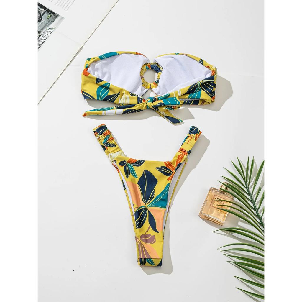 2024 Női Bikini Kétrészes Stílusos Szexi Nyári Bandeau Gyűrűs Mintás Acél Pántos Bugyi Strand Fürdőruha Új Push Up Bikini