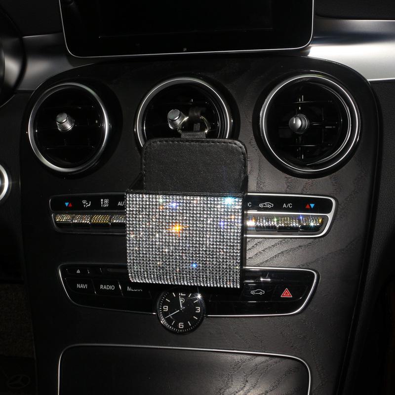 Rhinestone Leather Car Air Vent Organizer Bag - Multifunctional Lambskin Storage Box