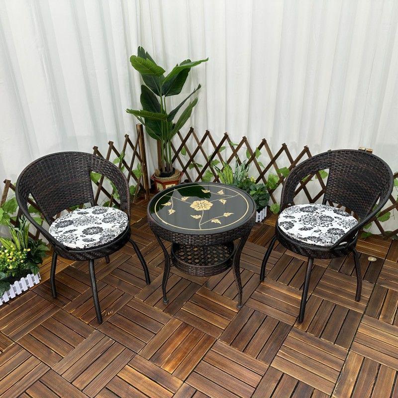 Three-Piece Chinese Style Rattan Table and Chair Set - Indoor Balcony Swivel Chair, Durable Round Five-Piece Swivel Design