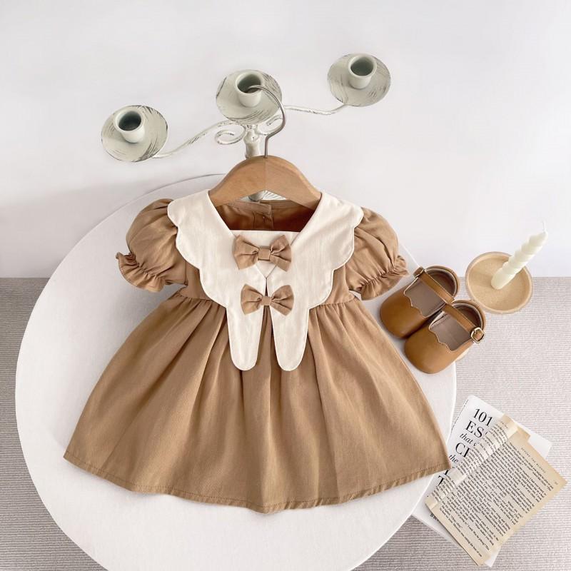 Baby Girls Cotton Dress Short Sleeve Solid Color Princess Style Toddler Casual Wear