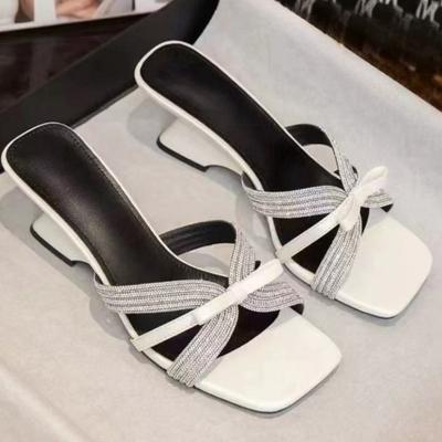 Fashion Wedge Slippers Summer New Square Head Open Toe Glitter with Butterfly Knot Anti-slip Wear-resistant Kitten Heels