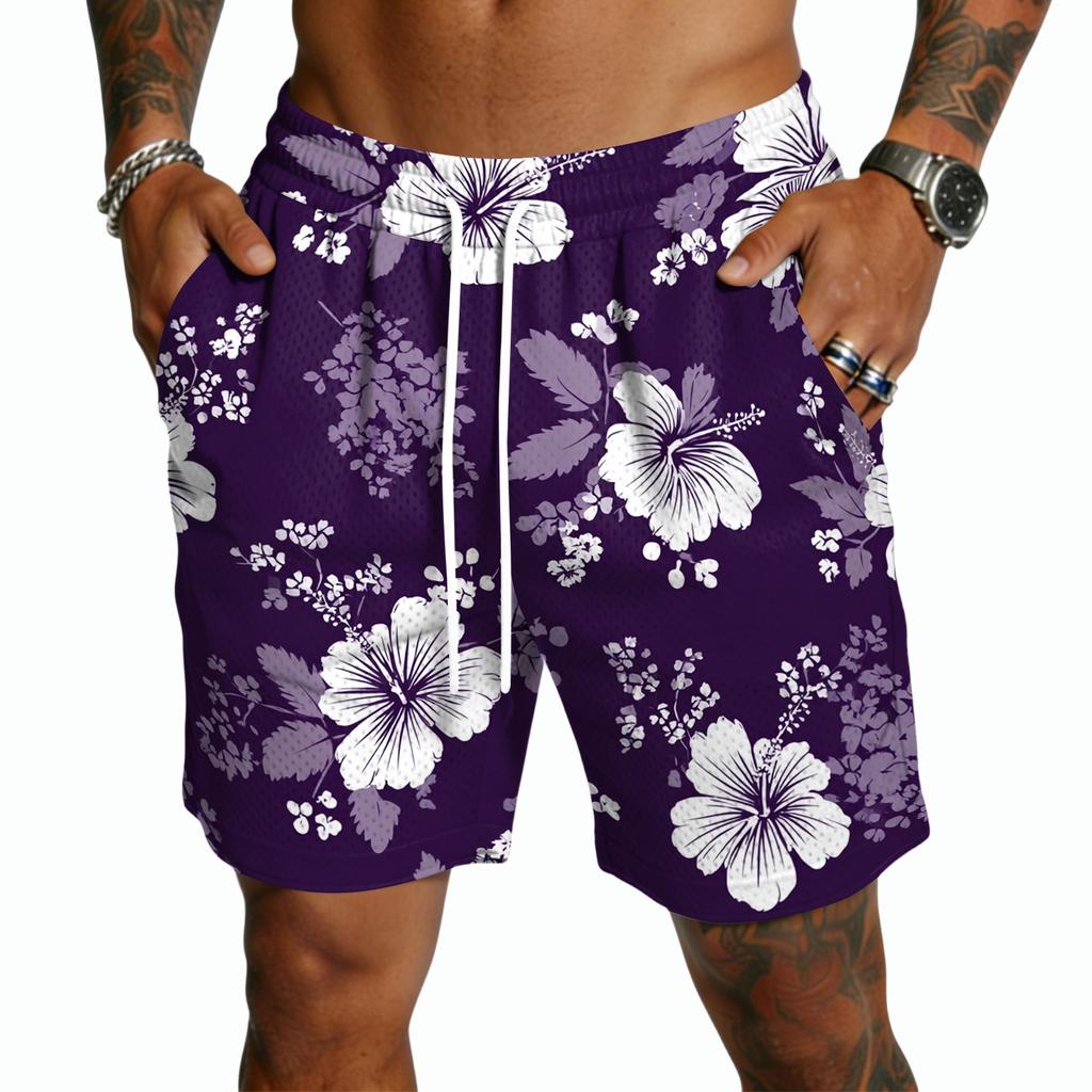 Pantaloncini da uomo a stampa hawaiana ad asciugatura rapida - Pantaloncini casual leggeri con coulisse e tasche, Costumi da bagno estivi da spiaggia di media lunghezza