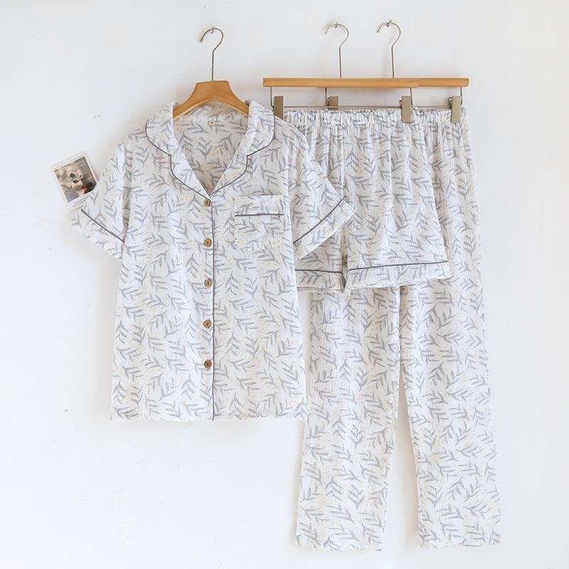 2026 New Spring/Summer Women's Pajama Set 100% Cotton Crepe Short Sleeve+Shorts+Pants 3-Piece Thin cardigan Home Clothes Ladies