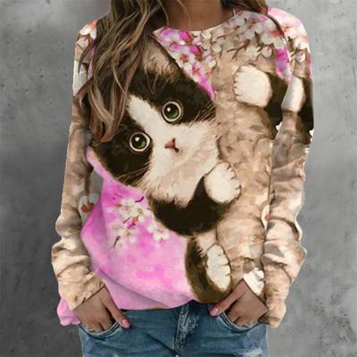 Mulheres algodão manga longa camiseta autuan inverno moda roupas animal gato impresso casual tops blusa senhoras em torno do pescoço pulôver