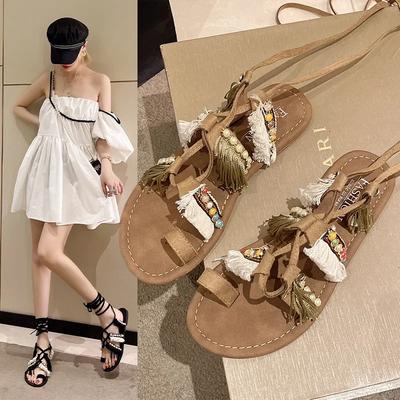 Bohemian Ankle Strappy Summer Sandalias De Mujer Mixeds Color Flat Roman Shoes Comfort Holiday Flip Flops Sandales Femme Slides