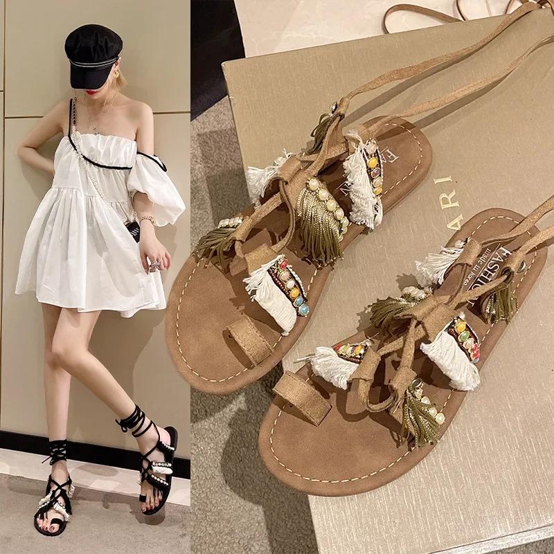 Bohemian Ankle Strappy Summer  Sandalias De Mujer Mixeds Color Flat Roman Shoes Comfort Holiday Flip Flops Sandales Femme Slides