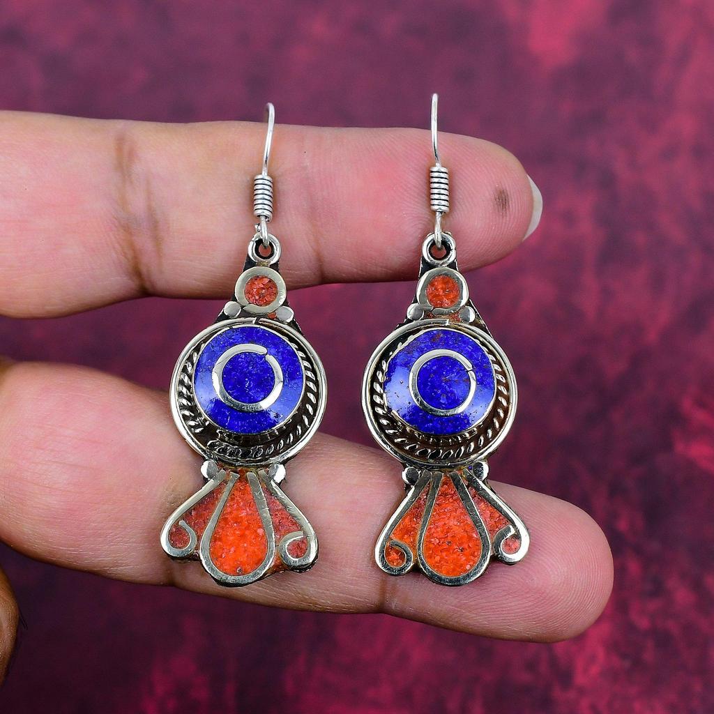 Lapis Lazuli & Coral 925 Solid Sterling Silver Nepali Earrings, Handmade Gemstone Earrings Jewelry, Gifts For Wife Brand New Earrings