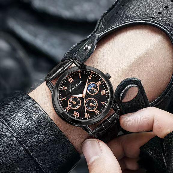 

Men s Stylish Three-Eye Six-Needle Quartz Belt Watch Black Shell Black Leather