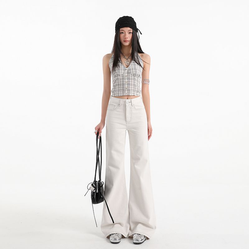 Spring Summer Glacier White Anti See Through Four Way Stretch High Waist Relaxed Micro Flare Full Length Denim Pants Ladies Casual Denim Trousers