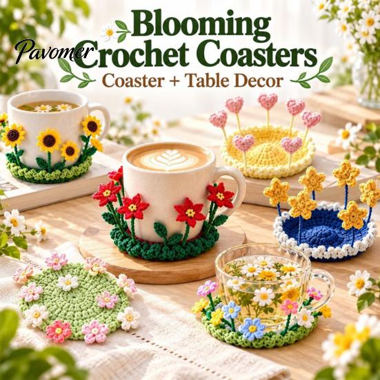 Decorative Tea Cup Pad Blooming Crochet Coaster, Handmade 3D Flower Mat for Coffee Mug Rug Tea, Cotton Yarn Drink Floral Table Decor Desk Protector