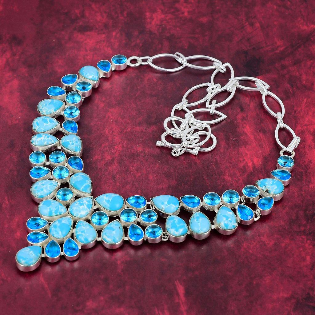 Larimar, Blå Topas Halsband Ädelstenssmycken, 925 Massivt Sterling Silver Handgjort Halsband, Senaste Design Smycken