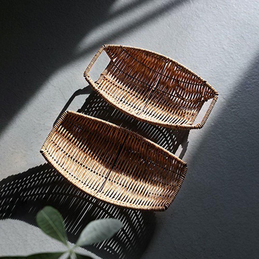 Durable Hand-Woven Imitation Rattan Basket Multipurpose Handmade Wicker Basket Retro Large Capacity Storage Tray Kitchen Picnic