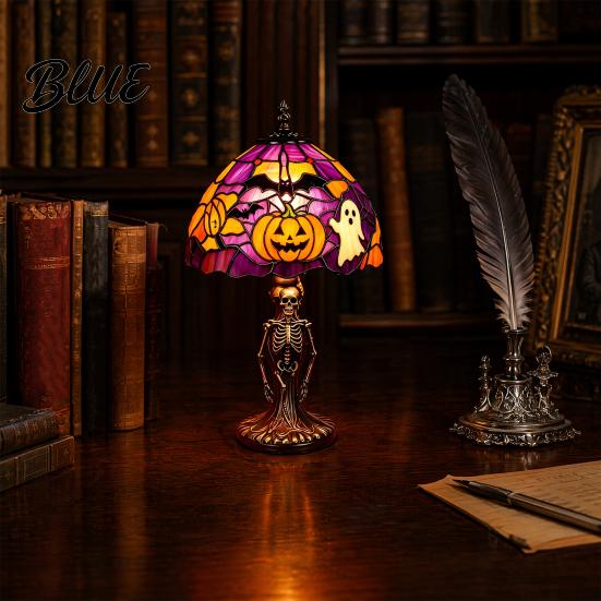 USB Plug-in Night Lamp Halloween Light Powered Stained Glass Lamp Retro Gothic Glowing Bookshelf Lighting with Warm Amber Purple Tabletop Decor for