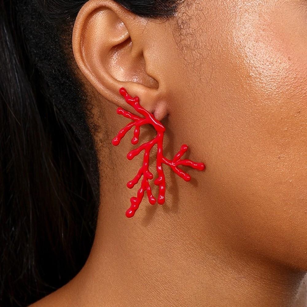 Metal Coral Branch Earrings Hollow Irregular Earrings Fashionable Red Coral Earrings  Party