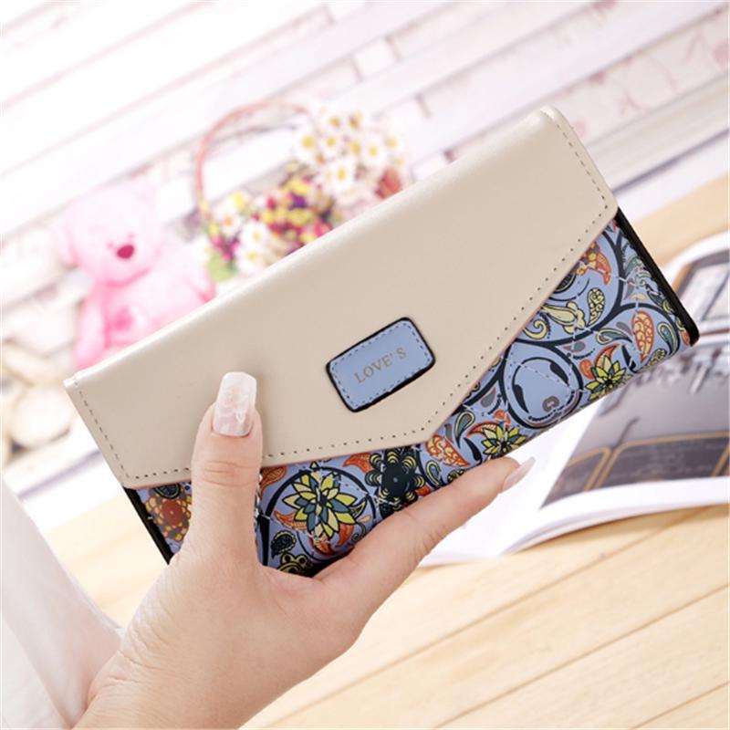 PU Leather Leisure Wallet Colorful Style 3 Fold Flower Print Female Long Coin Purse