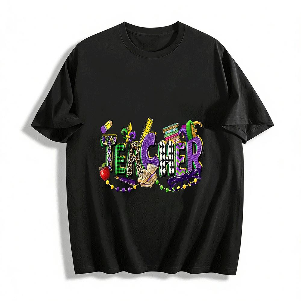 Mardi Gras Themed Teacher Print Casual Top Pure cotton T-shirt XXS