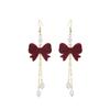 1 pair of red velvet bow imitation pearl pendant long women's earrings, versatile for daily use and suitable for holiday wear