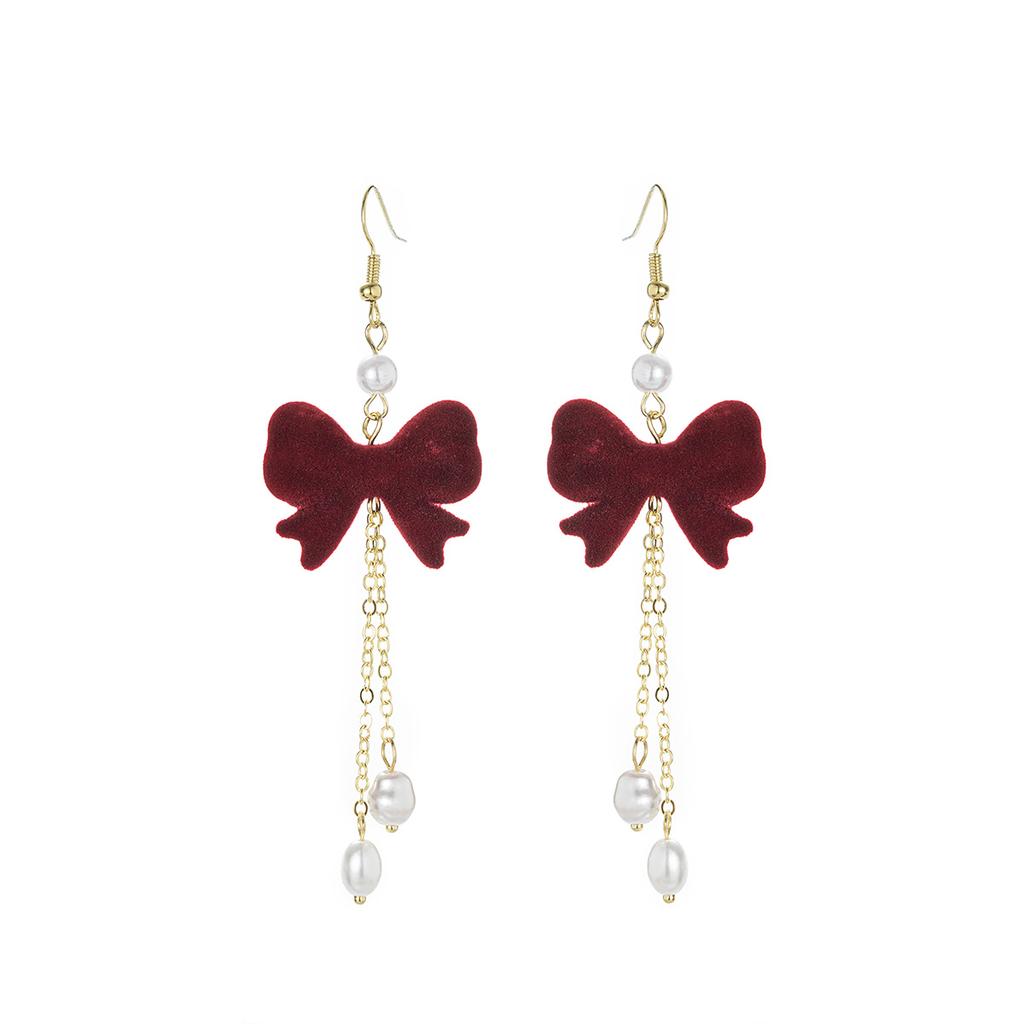 1 pair of red velvet bow imitation pearl pendant long women's earrings, versatile for daily use and suitable for holiday wear