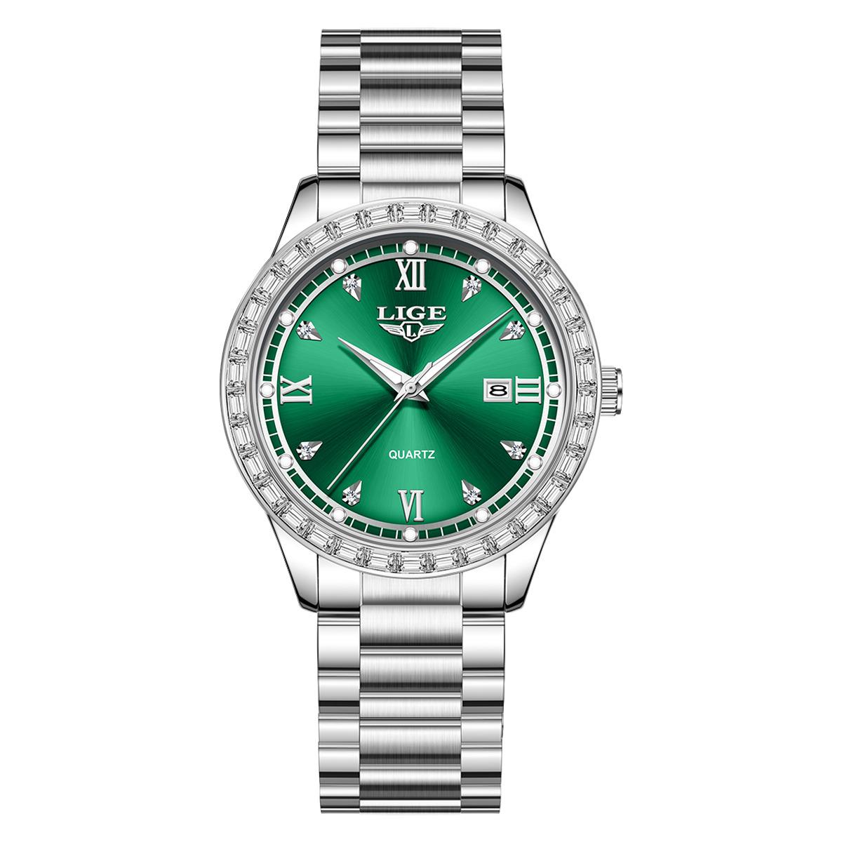 

LIGE Classic Women Watches Luxury Waterproof Stainless Steel Quartz Wristwatch Diamond Dial Luminous Calendar Ladies Watch+Box зелений