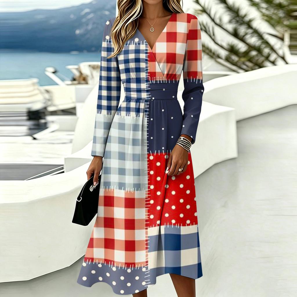 Women's Casual Color Block Plaid Print Long Sleeve V-Neck Dress with Pockets