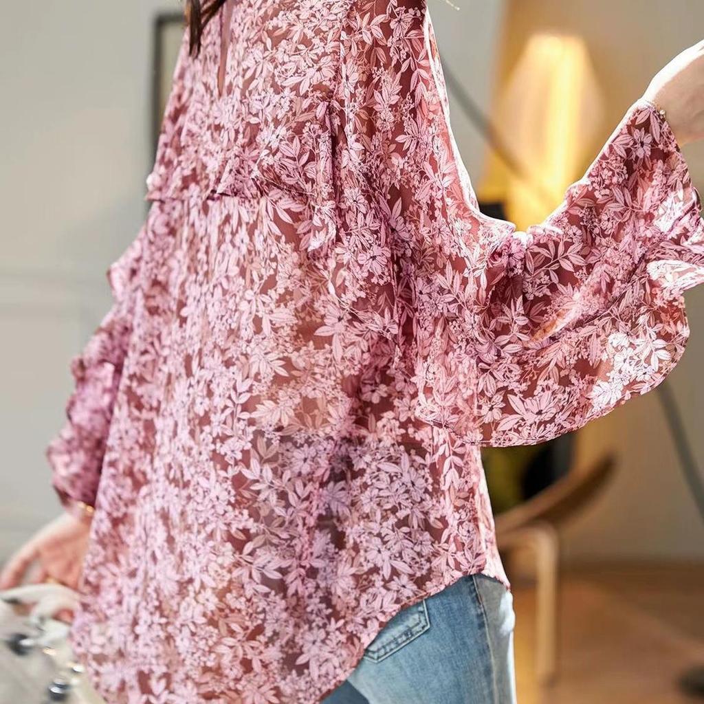 Round Neck Printed Trendyable Long-sleeved Chiffon Top In Autumn Style Thin Sun Protection Versatile Everyday Top