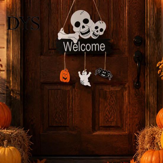 Rustic Farmhouse Hanging Plaque Halloween Welcome Door Sign, 3D Layered Pumpkin Skull Spider Plaque, Indoor Outdoor Holiday Ornaments Wooden