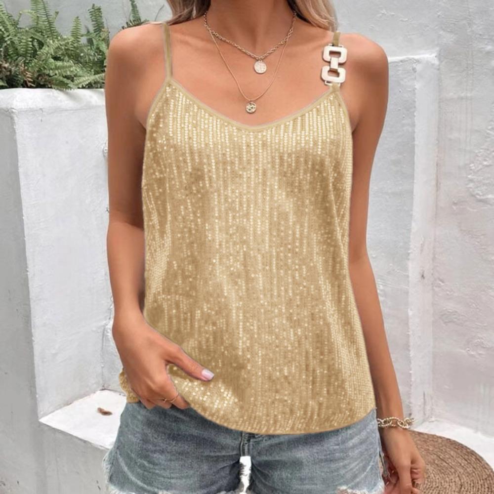 Damski top na ramiączkach z dekoltem w serek, bez rękawów, luźny krój, gładki kolor, top na ramiączkach z cekinami i metalowym łańcuszkiem, elegancka kamizelka imprezowa