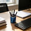 Pen Holder, Cylindrical Design Pencil Holder with Silver Edge Decoration, 3-Compartment Desktop Organizer for Pens Paper Clips Makeup Brushes