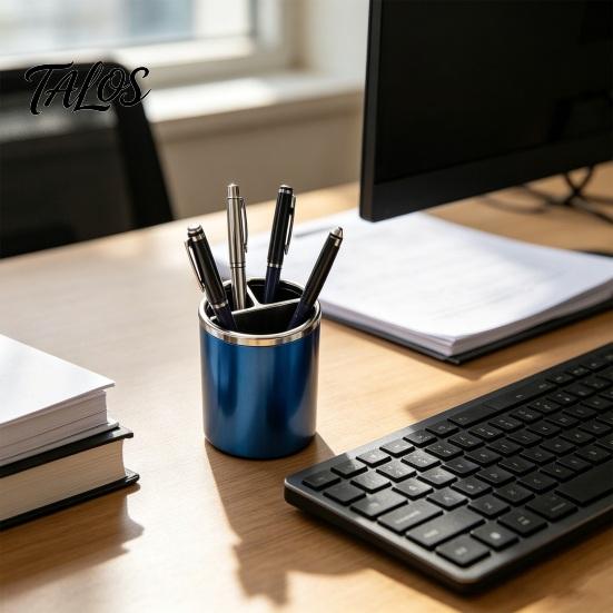 Pen Holder, Cylindrical Design Pencil Holder with Silver Edge Decoration, 3-Compartment Desktop Organizer for Pens Paper Clips Makeup Brushes