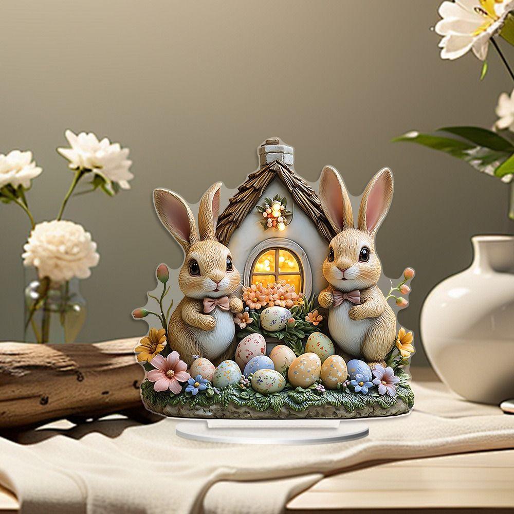 Easter Decor Easter Bunny Ornament 2D Flat Rabbit House Easter Party Desktop Ornament  Office Decor