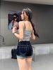 Women's High-Waist Dark Blue Denim Shorts - Sexy, Hip-Hugging A-Line with Rolled Edges for Summer