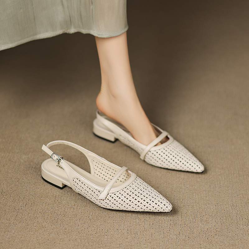 

Krazing Pot Genuine Leather Summer Size 42 Hollow Decoration Slingback Thick Low Heels Women Women Pointed Toe Sandals 35 слоновая кость