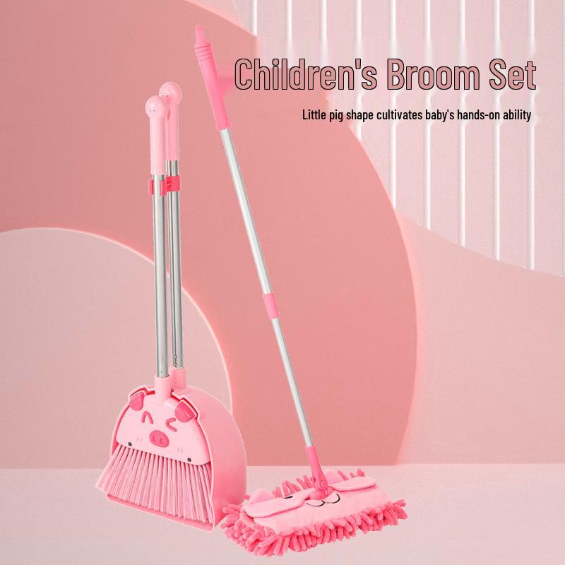 Kids' Pretend Play Cleaning Set: Broom, Mop, and Dustpan with Little Pig Design