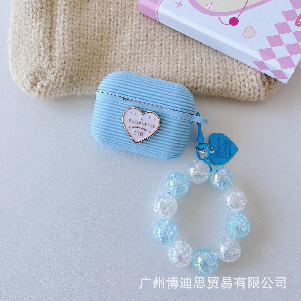 New Apple Silicone Horizontal Stripe Earphone Case Small Fresh Hand Beads + Silicone AirPods Pro1 Love + Hand Beads