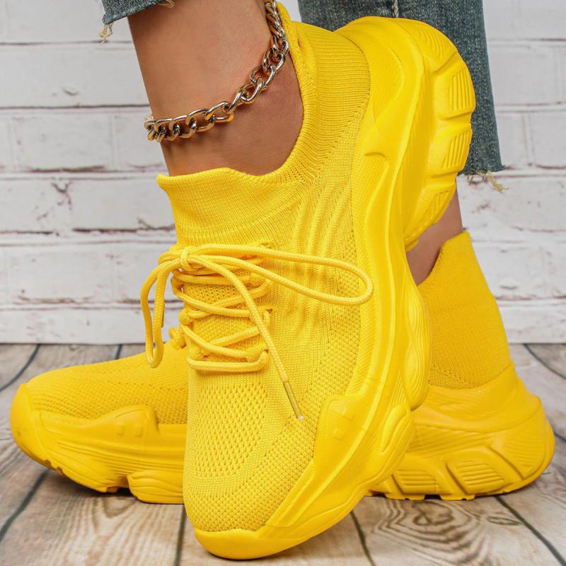 Breathable Mesh Platform Sneakers Women Casual Shoes Yellow Tennis Shoes Woman Lightweight Knit Thick Sole Sports Shoes Ladies