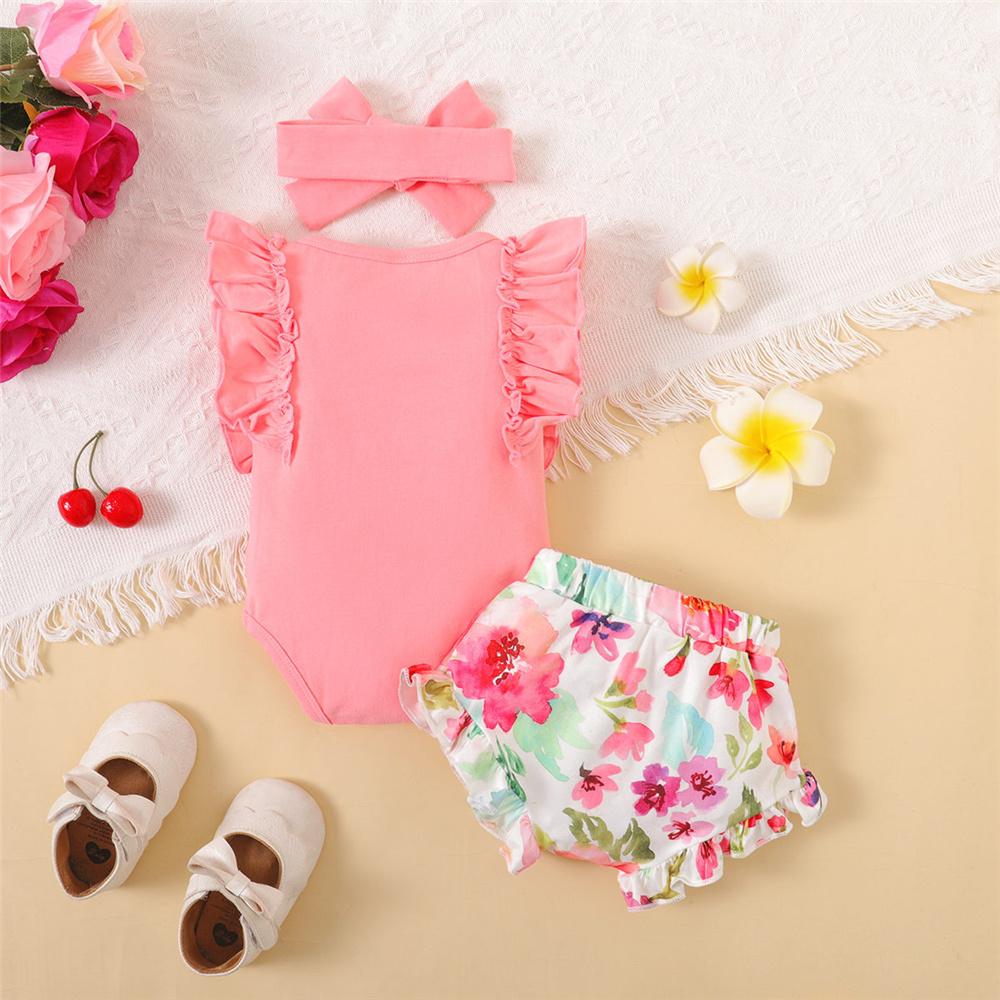 Fashion Letter Print Ruffle Sleeve Baby Bodysuit + Shorts +Headband 3PCS for 0-18M Newborn Baby Girl Outfit Summer Casual Clothes Set