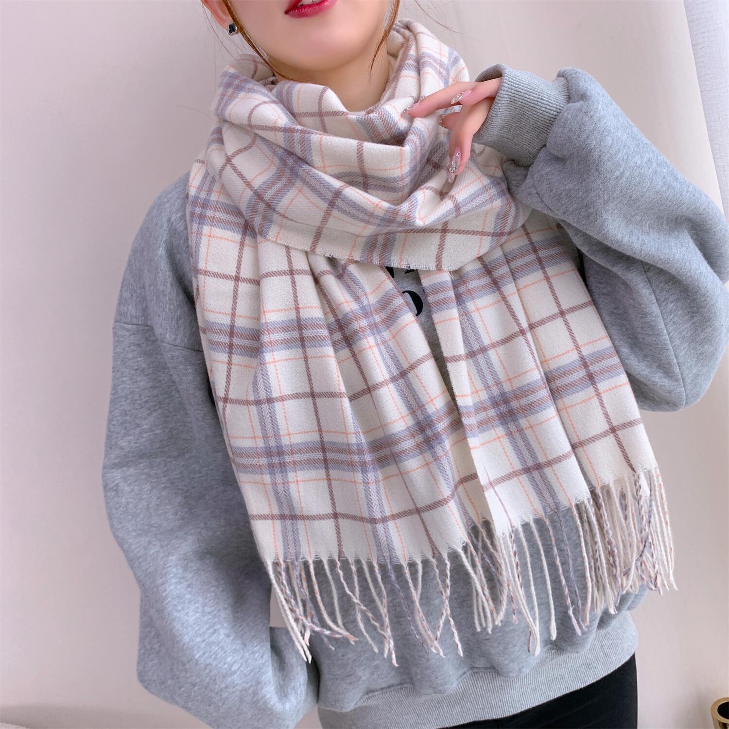 

Женский зимний клетчатый шарф - Шаль из искусственного кашемира, Универсальный утеплитель для шеи в корейском и японском стилях для Рождества 190cm+ грязно-белый