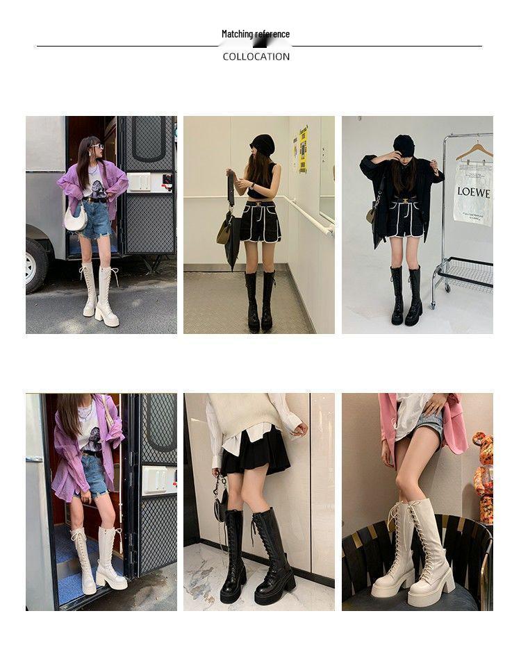 Women's White Lace-Up High-Heeled Martin Boots - British Style, Round-Toe, Thick-Soled, Side-Zip Knight Boots